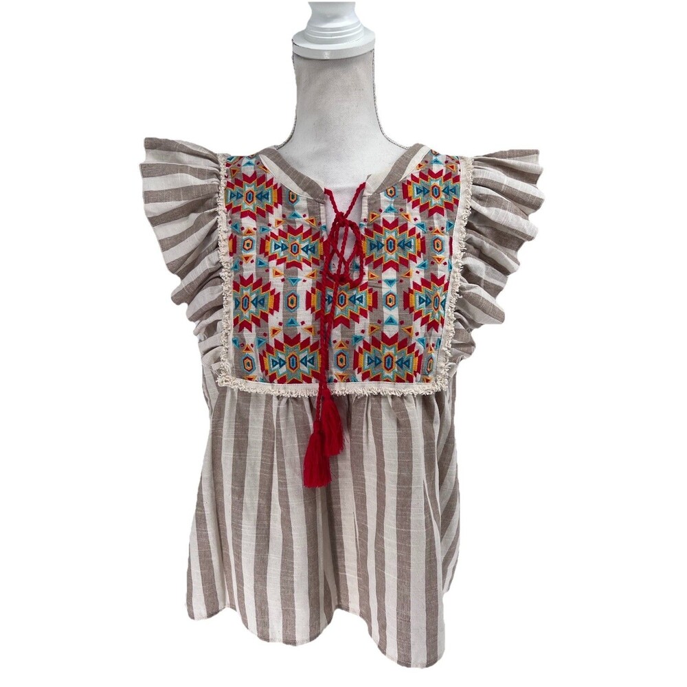 Savannah Jane Top Aztec Embroidered  Women’s Medium Beige Striped Western Boho